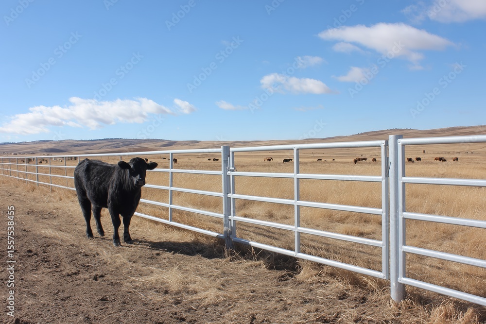 Fototapeta premium Galvanized Steel Livestock Fence with Gate Enclosing Pasture and Cattle Under Blue Sky in Midwest Farm Scene