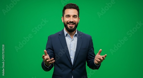 Smiling man in suit with hands open on green screen
