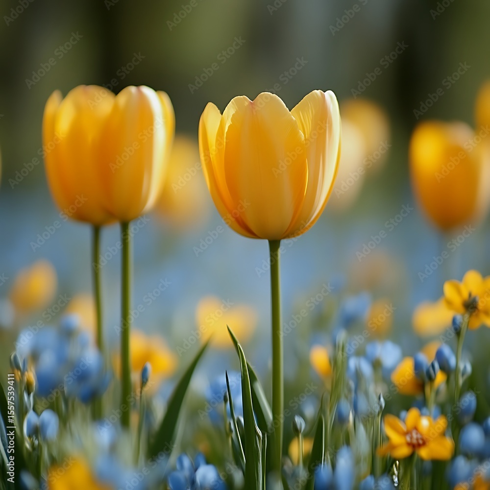 Fototapeta premium Golden tulips in a vibrant spring garden. Close-up of bright yellow blooms amongst a mix of blue wildflowers. Soft focus and natural light highlight the beauty of the flowers