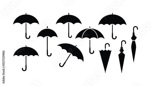 Umbrella Icon Set Black Silhouette Vector Collection of Open and Closed Umbrellas.