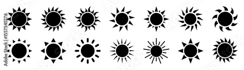 Collection of sun icons with various ray shapes. Perfect for weather apps, summer themes, travel graphics, UI elements, and climate or sunlight related vector designs.