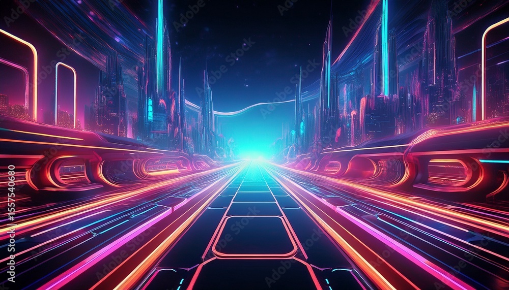 Fototapeta premium neon tunnel leading to future city futuristic technology space background