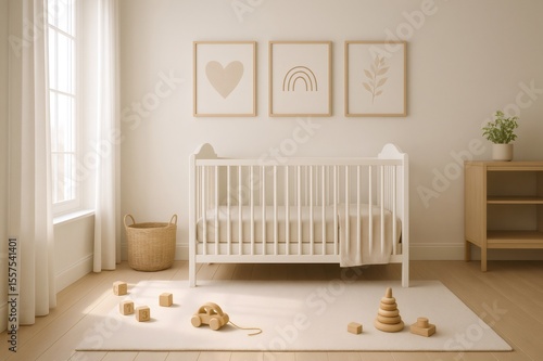 Cozy and stylish nursery interior with a white crib, wooden toys, and minimalist artwork, creating a peaceful and inviting atmosphere for a baby