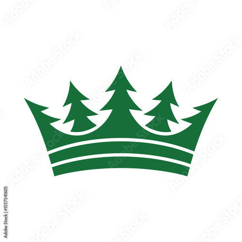Green Crown with Pine Tree Silhouette Logo Nature Royalty Concept for Eco Brand or Forest Theme Design.