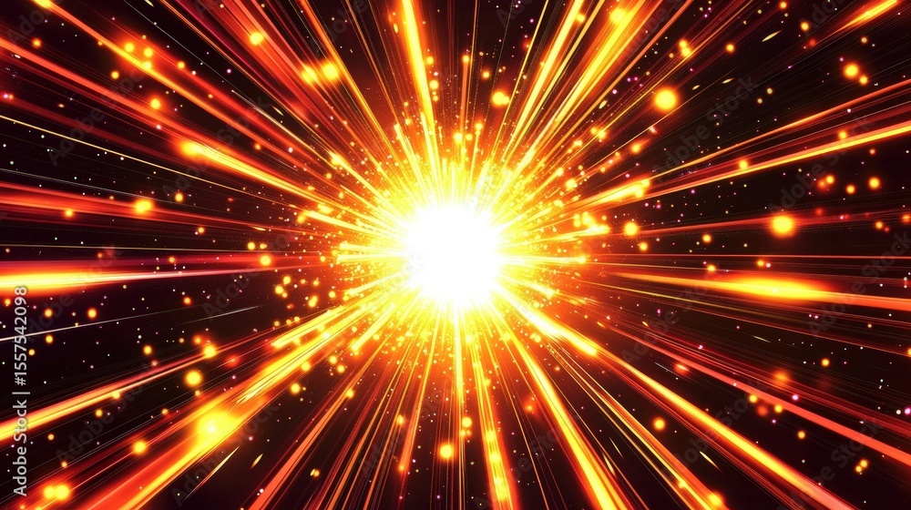 Fototapeta premium A bright, fiery explosion emitting radiant orange and yellow beams with sparkling particles against a dark background.