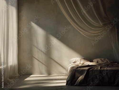 A bed with two pillows and a curtain over the window. The curtain is white. The room is empty
