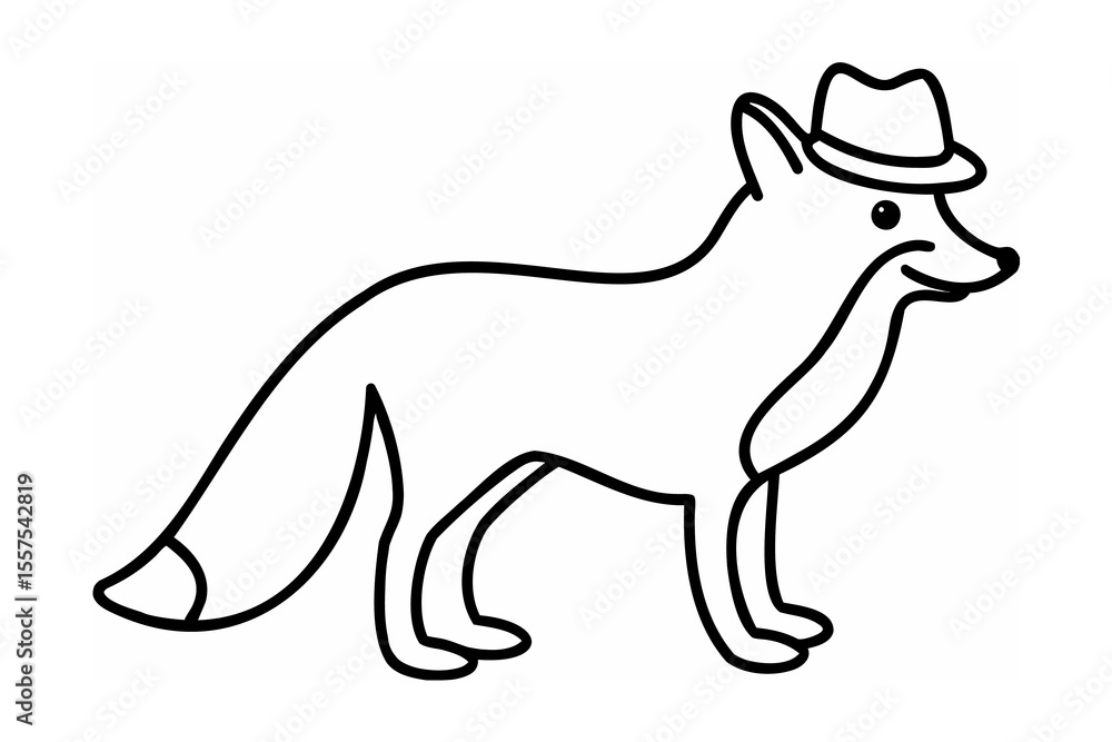 Obraz premium Stylized black outline illustration of a fox wearing a fedora hat on a white background