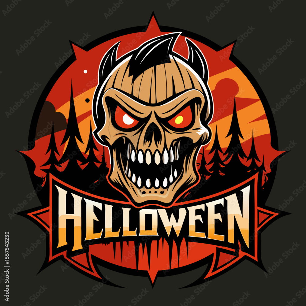 Halloween Skull Emblem with Forest and Helloween Text in Bold Colors Halloween Skull Emblem with Forest and Helloween Text in Bold Colors