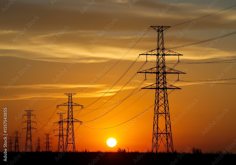 Fototapeta premium High-Voltage Power Lines at Sunset — Silhouette of Electric Transmission Towers Against Vibrant Sky