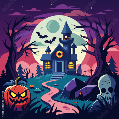 Spooky Halloween Night with Haunted House Pumpkin Skull Moon and Bats