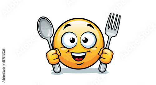 Cheerful emoji character eagerly presents a spoon and fork ready for a meal