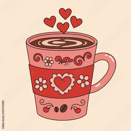 Cup of coffee decorated with hearts expressing love and affection for Valentine's Day
