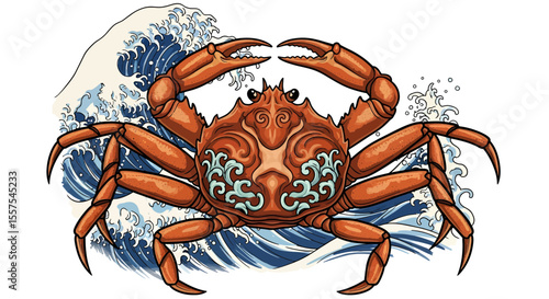 Detailed crab illustration with wave background conveying the sea environment