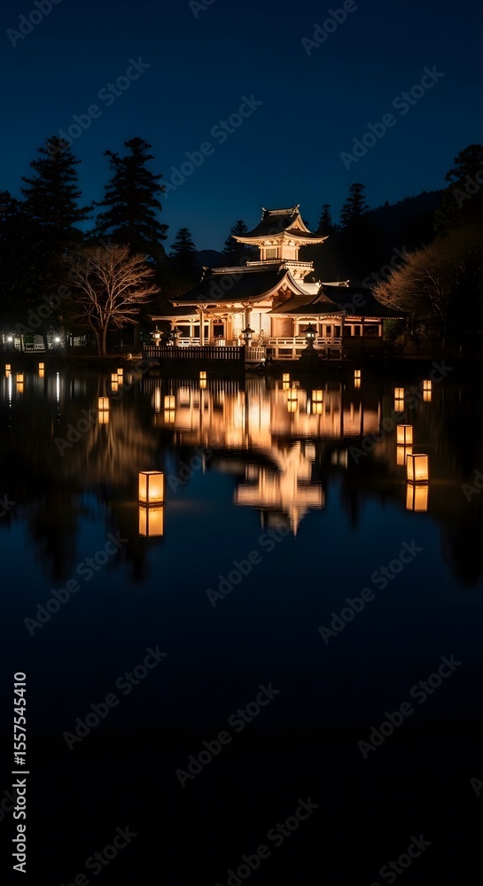 Obraz premium Serene Temple at Night Illuminated Reflection on a Tranquil Lake with Lanterns and Architectural Beauty Under a Dark Sky