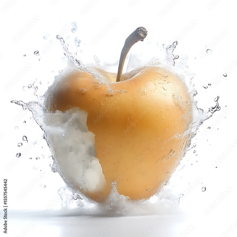 Fototapeta premium Golden apple with bite taken out, surrounded by water splashes