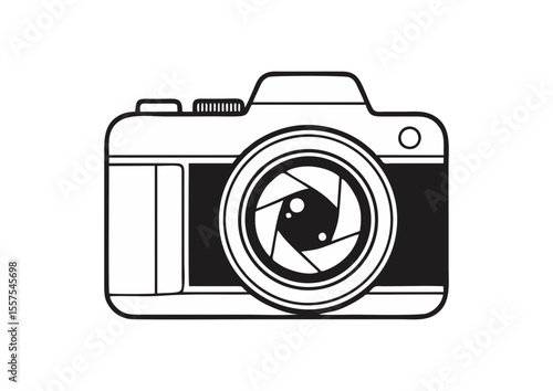 Black and white camera icon with lens detail and rounded body, concept  