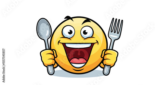Hungry Emoji Cartoon Character Holding a Spoon and Fork Isolated on White Background