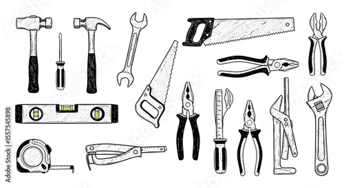 Hand drawn monochrome vector illustration collection of construction tools set