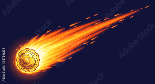 Stylized comet illustration with vibrant fiery tail on dark backdrop