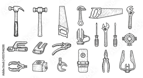 Vintage hand drawn tools collection featuring a variety of carpentry and repair equipment