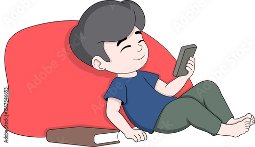 Relaxed Boy Using Smartphone Instead of Studying Illustration