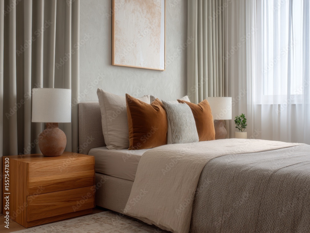 Fototapeta premium A bedroom with a bed, nightstand, and a picture on the wall. The bed has pillows and a blanket