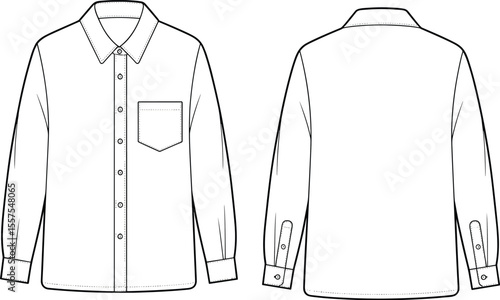 Long Sleeve Button Down Men Shirt with Pocket and Yoke Back, Flat Technical Sketch, Fashion CAD Drawing Flat Vector Illustration