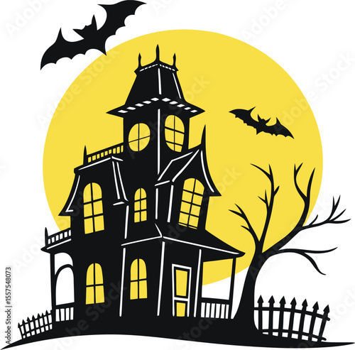 Spooky haunted house silhouette with bats and moon