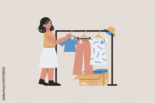 Illustration of Woman Buying Second Hand Clothes