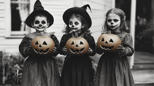 Three girls in Halloween costumes holding Jacko'lanterns, celebrating in black and white