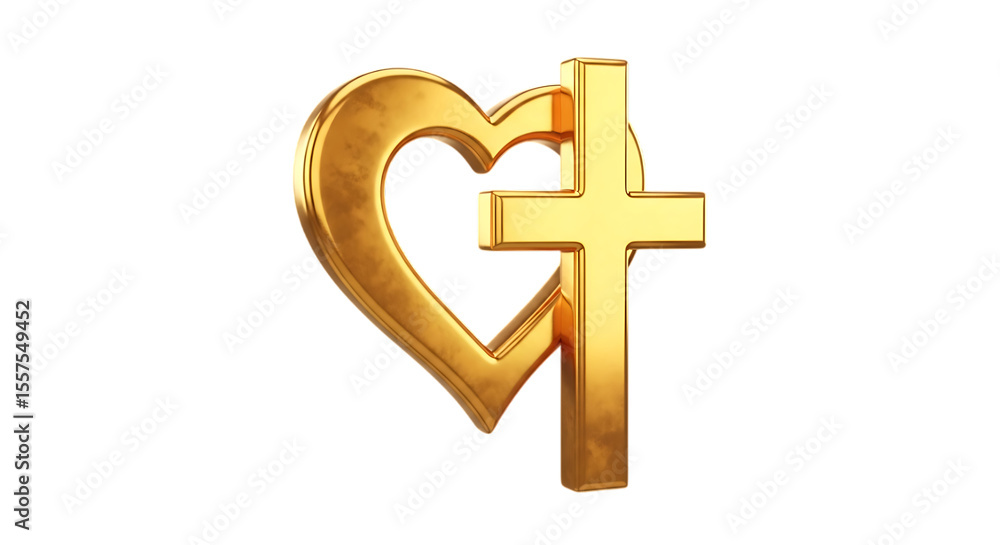 Fototapeta premium Golden christian cross and heart symbol isolated on transparent background