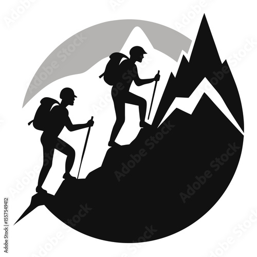 Two hikers with backpacks and poles ascend a mountain peak isolated on white background