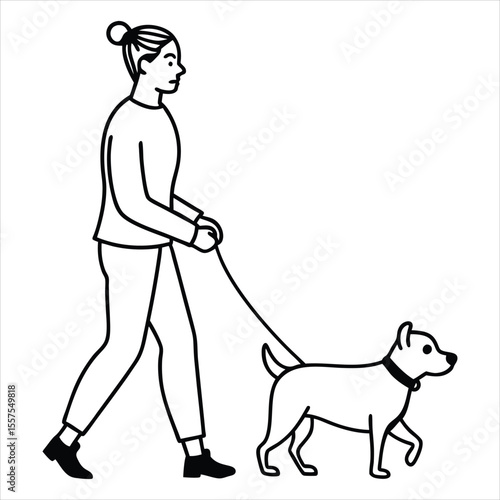 A simple line drawing of a person walking a dog on a leash depicted in a minimalist black and white style against a clean white background