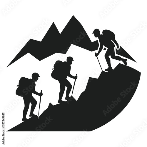 Three hikers ascend a steep mountain path with trekking poles isolated on white background
