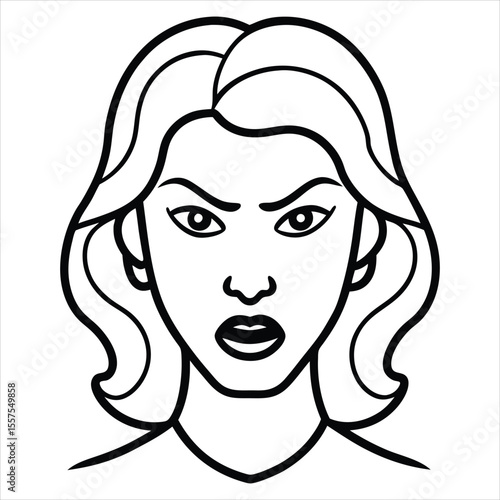 Stylized black and white illustration of an angry woman s face with wavy hair and a stern expression conveying displeasure and frustration
