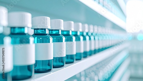 Clear Blue Vials on Shelves in a Laboratory Setting During a Bright Day
