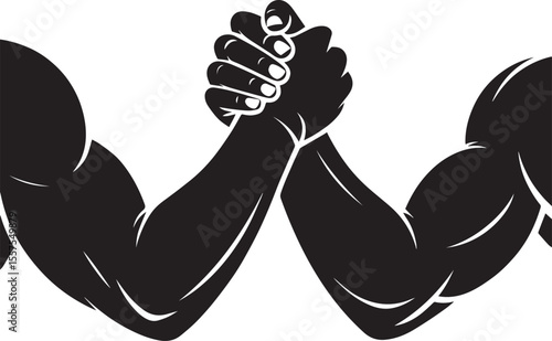Silhouette illustration of two muscular arms in an arm-wrestling match, symbolizing strength and competition.