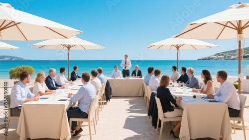 Outdoor business meeting by the sea with participants seated under umbrellas