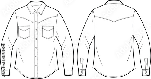 Western Style Double Pocket Men Shirt with Snap Button Closure and Yoke Back Detail, Flat Technical Sketch, CAD Drawing Flat Vector Illustration