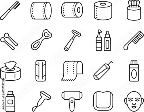 Essentials Icon Set: An assortment of everyday hygiene and grooming essentials, perfect for representing personal care and well-being with clean, modern, line-art illustrations.