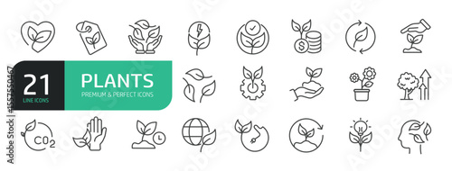 Set Of Plants Line Icons. The set includes a Environment, Sustainable, Leaf, Planting, Botany, Herbal, Ecology, Organic, Vegetarian, Eco, Fresh, Nature, and more.