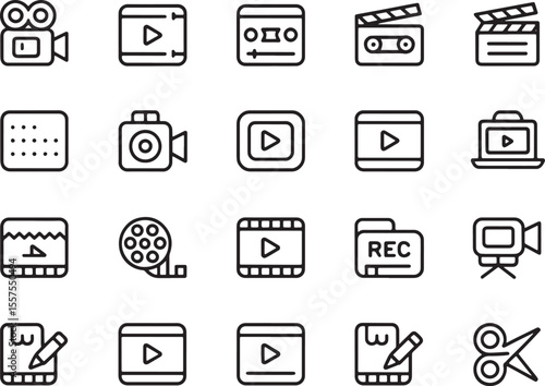 Video Production Icons: A comprehensive set of line icons representing various aspects of video production, from filming and editing to playback and storage. Perfect for websites, applications.