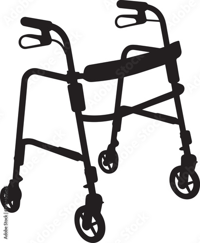 Silhouette vector of a medical rollator walker with wheels and a seat, a mobility aid for seniors.