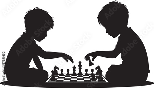 Silhouette illustration of two young boys sitting and playing a strategic game of chess.