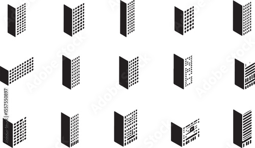 Abstract geometric vector icons illustrate urban architectural designs of city skyscrapers and buildings