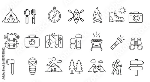 Outdoor Adventure Line Icons Set - Camping and Hiking Vector Graphics for Nature and Travel Design