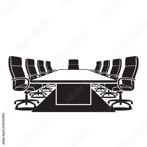 Vector illustration of an empty corporate boardroom with a long conference table and executive chairs.