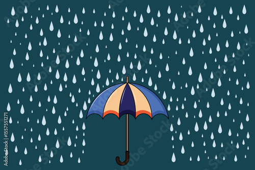 Vector cartoon-style umbrella with falling rain drops, pastel flat artwork ideal for nursery prints, kids story visuals, and educational materials

