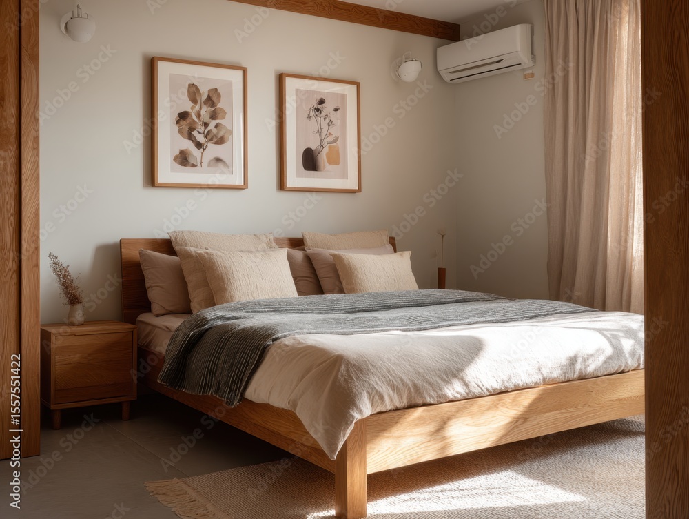 Obraz premium A bed with a white comforter and pillows. There is a picture on the wall above the bed