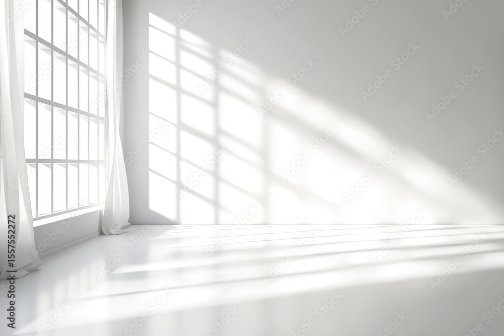 Obraz premium Bright, empty room with large windows letting in natural light, creating shadows on the white floor and walls.